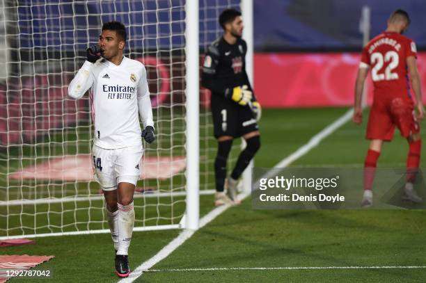 Casemiro of Real Madrid celebrates after scoring their sides first goal during the La Liga Santander match between Real Madrid and Granada CF at...