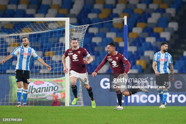 Armando Izzo of Torino celebrates after scoring their sides first goal during the Serie A match between SSC Napoli and Torino FC at Stadio Diego...
