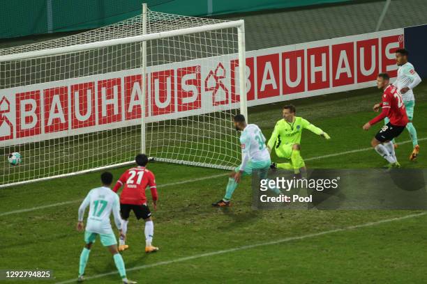 Jean-Manuel Mbom of SV Werder Bremen scores their sides third goal during the DFB Cup second round match between Hannover 96 and SV Werder Bremen at...