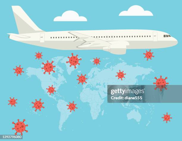 covid-19 being spread by airplane travel - quarantine travel stock illustrations