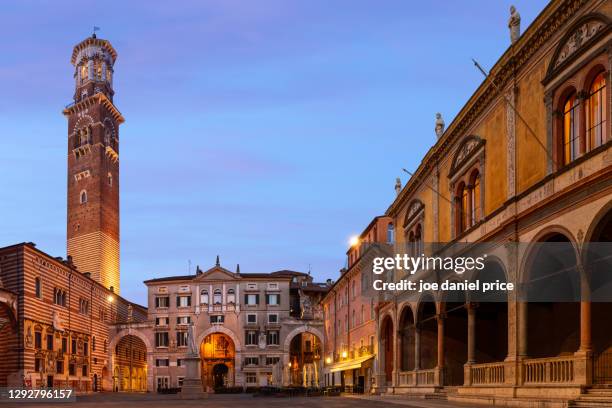torre dei lamberti, piazza delle erbe, verona, veneto, italy - verona italy stock pictures, royalty-free photos & images