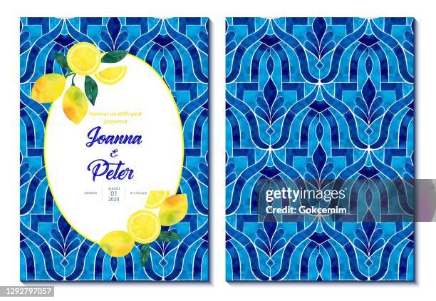 ilustrações de stock, clip art, desenhos animados e ícones de wedding invitation card design with fresh lemons and navy blue mediterranean tiles. wedding concept, design element. - cultura-escocesa