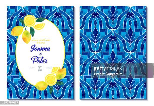 wedding invitation card design with fresh lemons and navy blue mediterranean tiles. wedding concept, design element. - moroccan tile stock illustrations