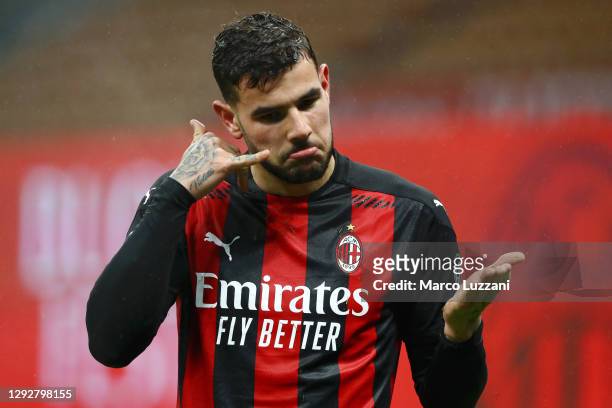 Theo Hernandez of AC Milan celebrates after scoring their sides third goal during the Serie A match between AC Milan and SS Lazio at Stadio Giuseppe...