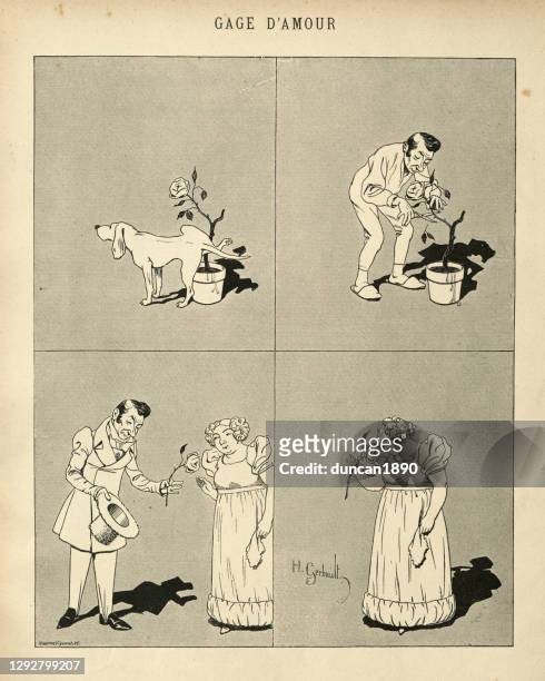 stockillustraties, clipart, cartoons en iconen met belofte van liefde, het water geven van een roos, franse victoriaanse cartoon - 19th century couple