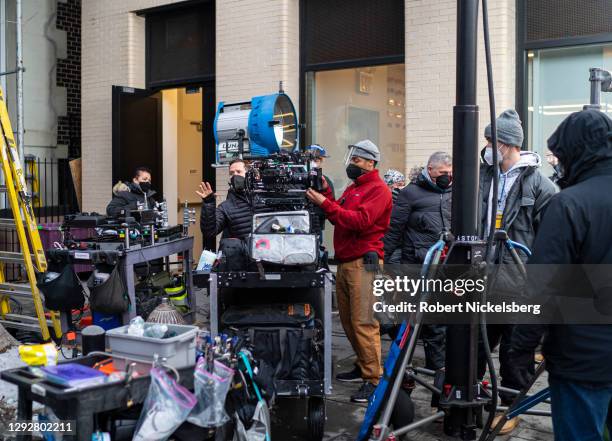 Film set crew adjusts equipment December 22, 2020 in New York City. Due to the COVID-19 pandemic the majority of new film projects must follow...