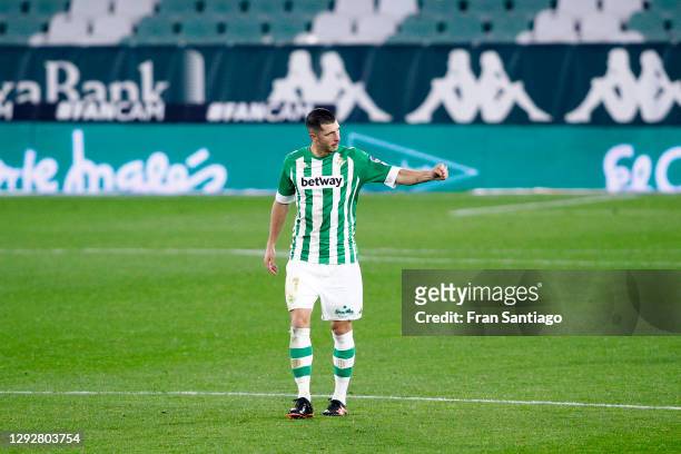 Guido Rodriguez of Real Betis celebrates after scoring their sides first goal during the La Liga Santander match between Real Betis and Cadiz CF at...
