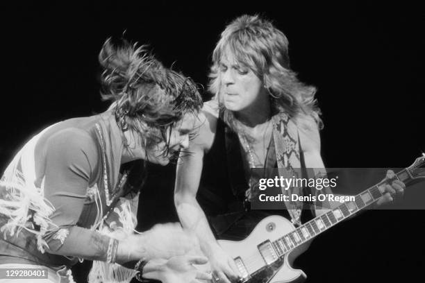 American guitarist Randy Rhoads performing with English rock singer Ozzy Osbourne, UK, 1980.