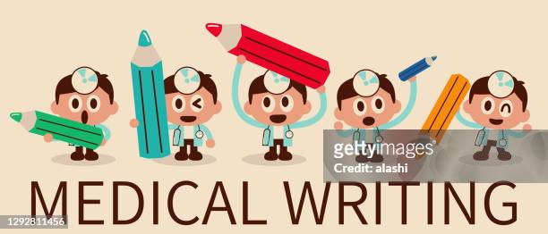 cute doctor wearing concave mirror and stethoscope writing with a big colored pencil - doctor emoticon stock illustrations