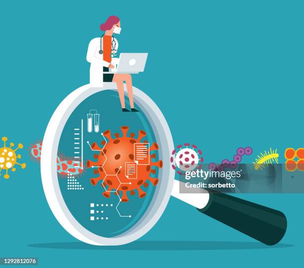 magnifying lens illustration with viruses - female doctor - retrovirus stock illustrations