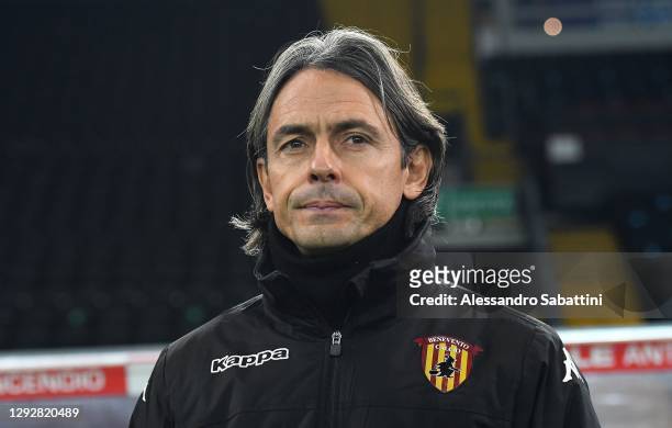 Filippo Inzaghi head coach of Benevento Calcio looks on during the Serie A match between Udinese Calcio and Benevento Calcio at Dacia Arena on...
