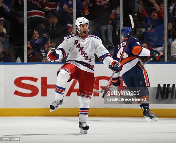 Brandon Prust of the New York Rangers scores at 18:26 of the second period against the New York Islanders at the Nassau Veterans Memorial Coliseum on...