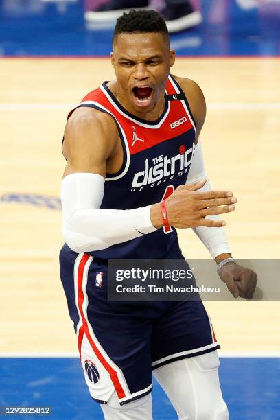 Russell Westbrook of the Washington Wizards reacts following a jump shot during the third quarter against the Philadelphia 76ers at Wells Fargo...