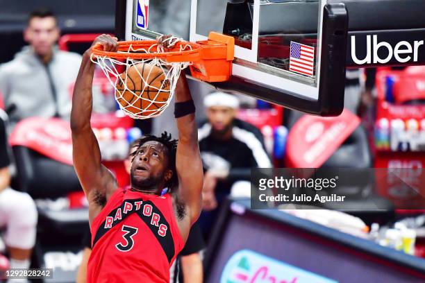 Anunoby of the Toronto Raptors dunks during the second half against the New Orleans Pelicans at Amalie Arena on December 23, 2020 in Tampa, Florida....