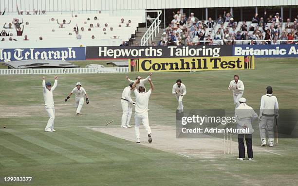 Chris Old of England bowls out Allan Border of Australia during the 2nd innings of the Third Ashes Test between England and Australia on 21st July...
