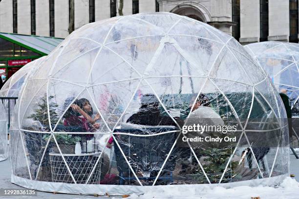 View of igloo dining tents at Bank of America Winter Village in Bryant Park on December 23, 2020 in New York City. The pandemic continues to burden...