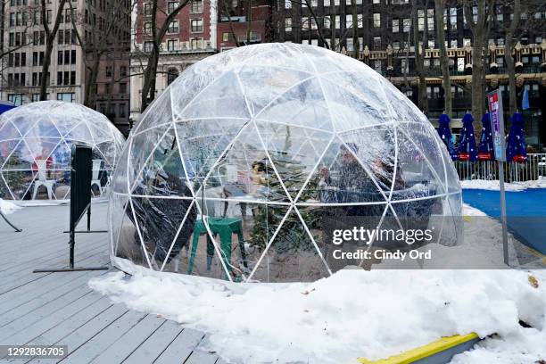 View of igloo dining tents at Bank of America Winter Village in Bryant Park on December 23, 2020 in New York City. The pandemic continues to burden...