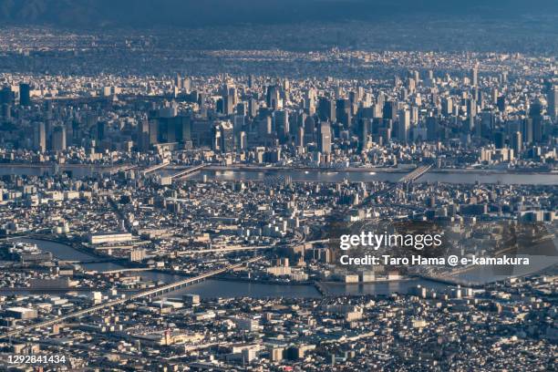 osaka city of japan aerial view from airplane - amagasaki fotografías e imágenes de stock