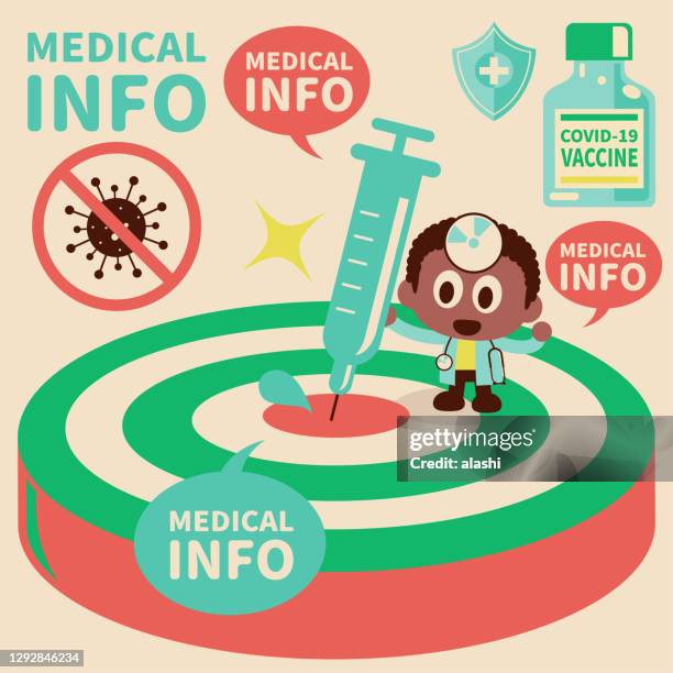 cute doctor is injecting hope, vaccine syringe as an arrow (dart) hitting the bulls-eye target, protecting against coronavirus disease (covid-19, flu virus), creating 100 percent antibody on coronavirus - boost your immune system stock illustrations