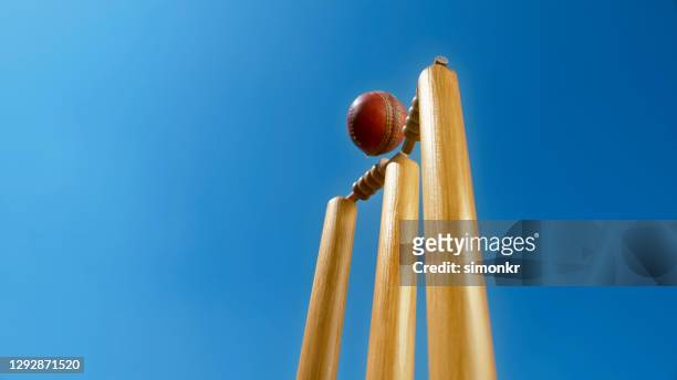 bille de cricket frappant les souches - piquet de cricket photos et images de collection