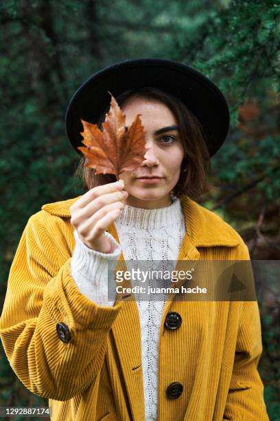 stylish woman showing autumn leaf - dry eye stock pictures, royalty-free photos & images