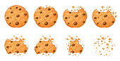 Bitten chocolate chip cookie. Crunch homemade brown biscuits broken with crumbs. Cartoon baked round choco cookies bite animation vector set