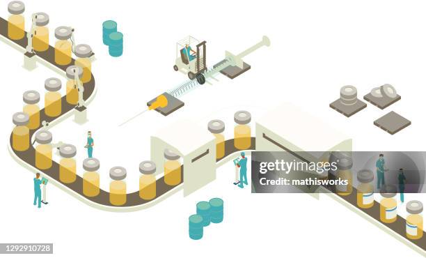 abbildung der impfstoffproduktion - production line stock-grafiken, -clipart, -cartoons und -symbole