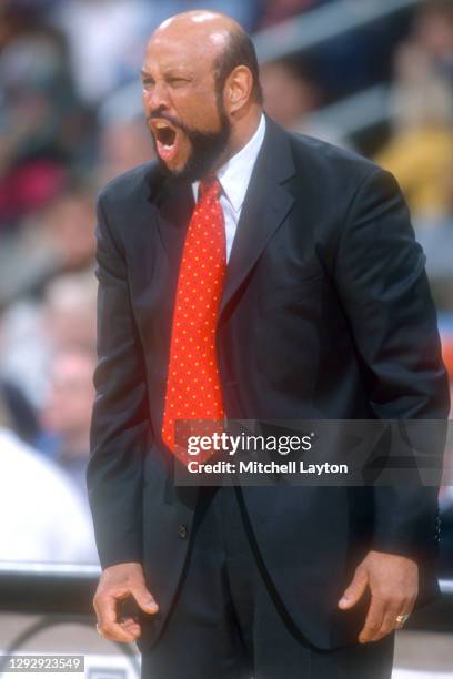 Head coach Mike Jarvis of the St. John's Redman reacts to a call during a college basketball game against the Georgetown Hoyas at the MCI Center on...