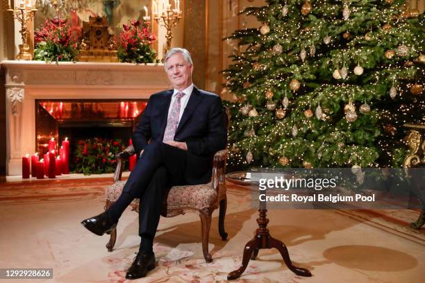 King Philippe of Belgium delivers his Christmas Speech in his office at the Royal Laeken Castle on December 24, 2020 in Brussels, Belgium.