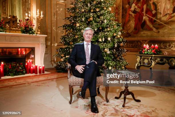 King Philippe of Belgium delivers his Christmas Speech in his office at the Royal Laeken Castle on December 24, 2020 in Brussels, Belgium.