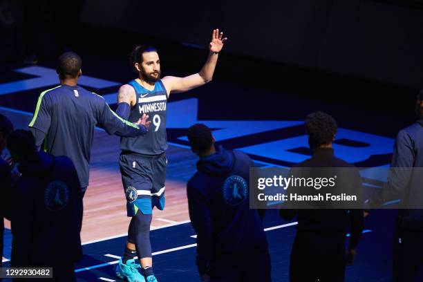 Ricky Rubio of the Minnesota Timberwolves is seen during player introductions before the season opening game at Target Center on December 23, 2020 in...