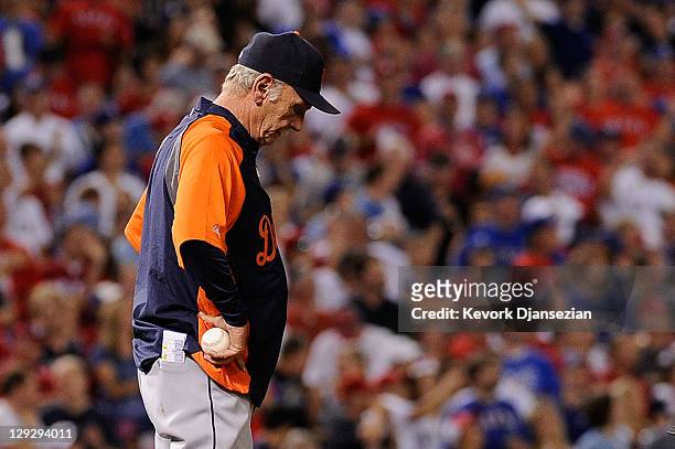 Manager Jim Leyland of the Detroit Tigers reacts during a pitcher change in the third inning of Game Six of the American League Championship Series...