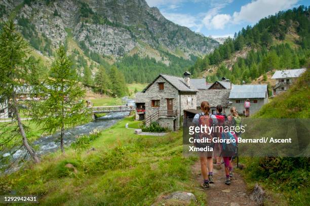 family hikes towards mountain rifugio in lush meadow - piemonte - fotografias e filmes do acervo