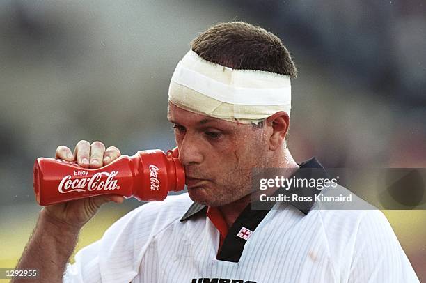 Portrait of Paul Gascoigne of England and Middlesbrough takes a breather during the match between England v Belgium in the King Hassan II Cup played...