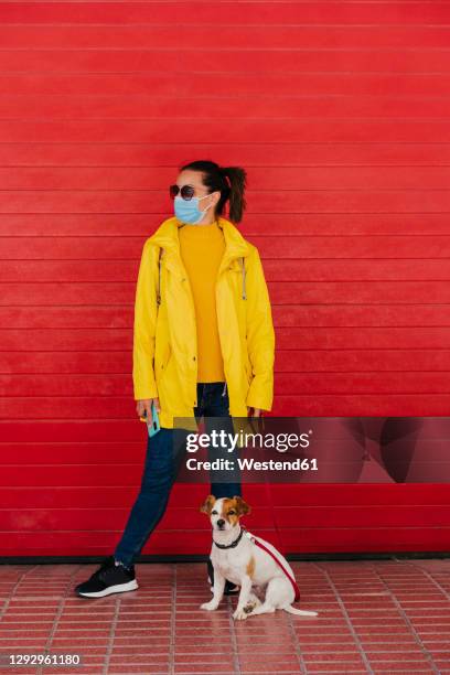 woman with face mask and dog, wearing yellow raincoat in front of red wall - frau mit gelben regenmantel stock-fotos und bilder