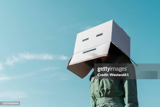 woman with cardboard box on her head standing against sky - hide stock-fotos und bilder