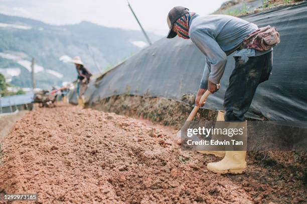 亞洲男農民用花園鏟挖山坡梯田的土田 - get your hoe ready 個照片及圖片檔