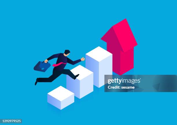 businessman running on red arrow and infographic, concept of career development and business growth. - steps and staircases stock illustrations