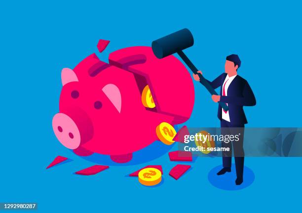 businessman holding a sledgehammer to destroy a piggy bank - animals isometric stock illustrations