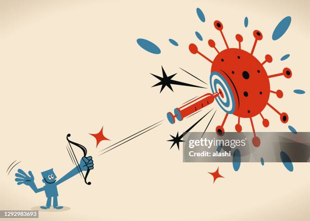 blue man is shooting vaccine syringe as an arrow (dart) hitting the bulls-eye target, protecting against coronavirus disease (covid-19, flu virus), creating 100 percent antibody on coronavirus - boost your immune system stock illustrations