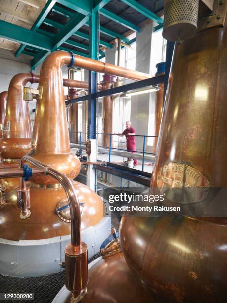 worker checking whisky stills in distillery - distilleria foto e immagini stock