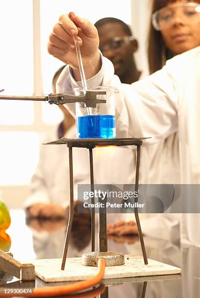 scientist adding solution to beaker - bunsen burner stockfoto's en -beelden