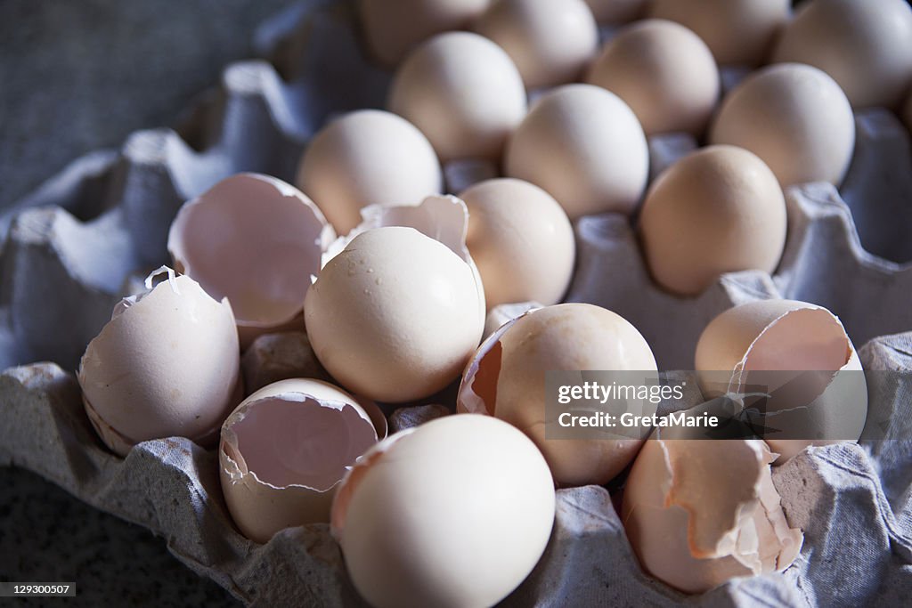 Close up of eggshells in carton