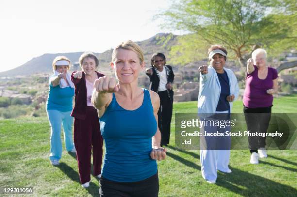 women taking exercise class outdoors - woman and tai chi stock pictures, royalty-free photos & images