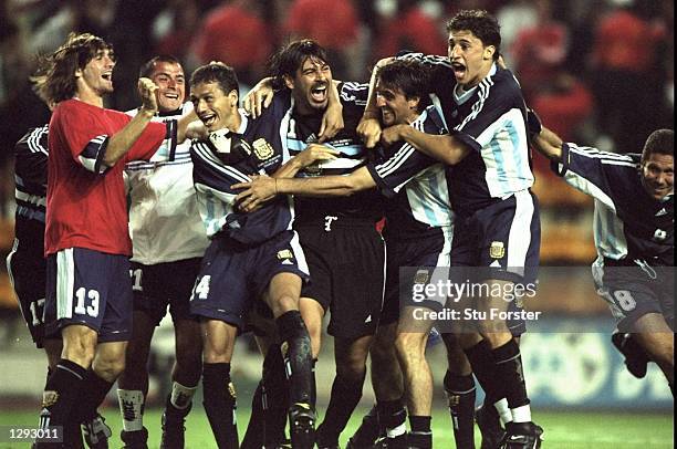 Joy for Argentina after goalkeeper Carlos Roa saves twice in the penalty shootout of the World Cup second round match against England at the Stade...