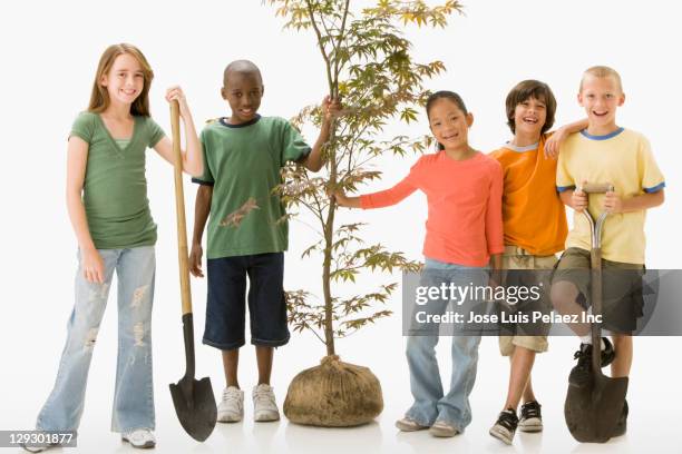 children standing together with sapling tree and shovels - stolz freisteller stock-fotos und bilder