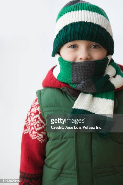 caucasian boy in cap and scarf - scarf isolated stockfoto's en -beelden