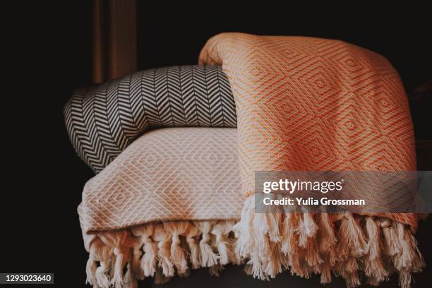 three textured cotton bedspreads in scandinavian style. - blanket stock-fotos und bilder