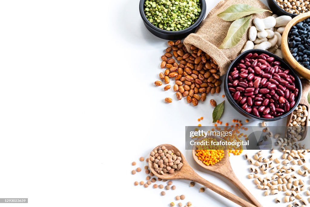 Beans variation shot from above on white background with copy space