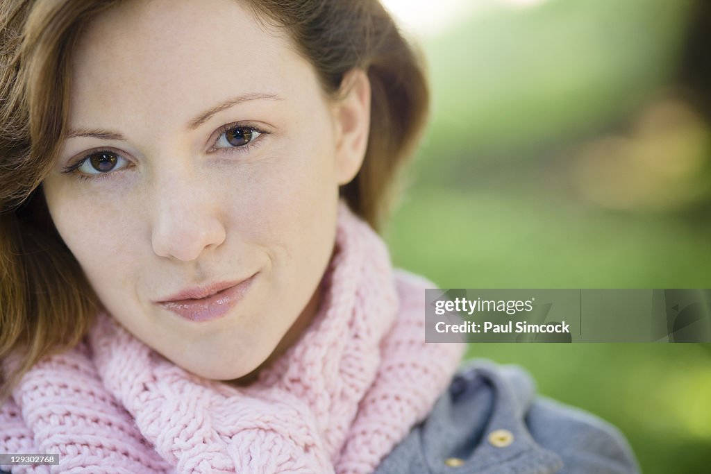 Serious Caucasian woman outdoors